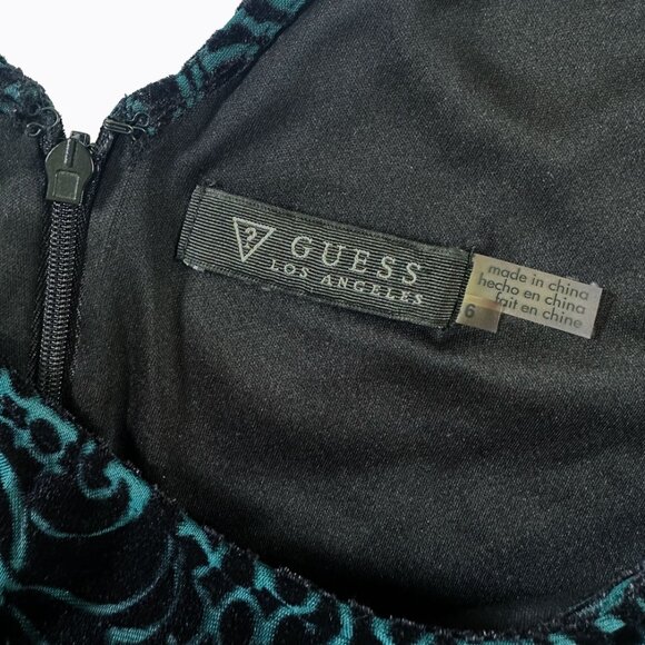 Guess Flocked Black Velvet Dress Sz6 Teal Floral Pattern Y2K 90s Whimsigoth Vamp - Picture 5 of 8